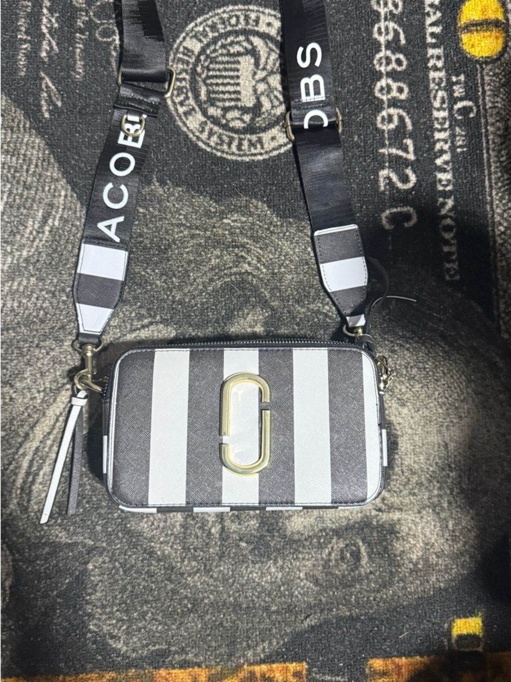 Marc Jacobs Black and White Striped Snapshot Crossbody with Logo Strap